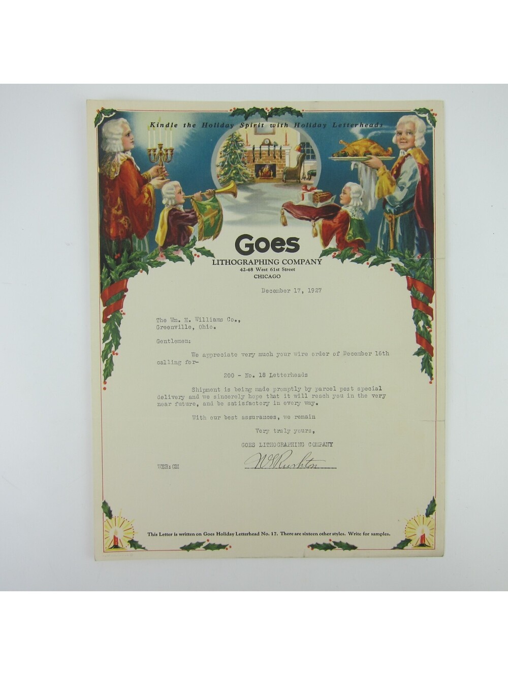 Vintage 1927 Christmas Stationery Sample Royal Meal Fireplace Goes Lithography